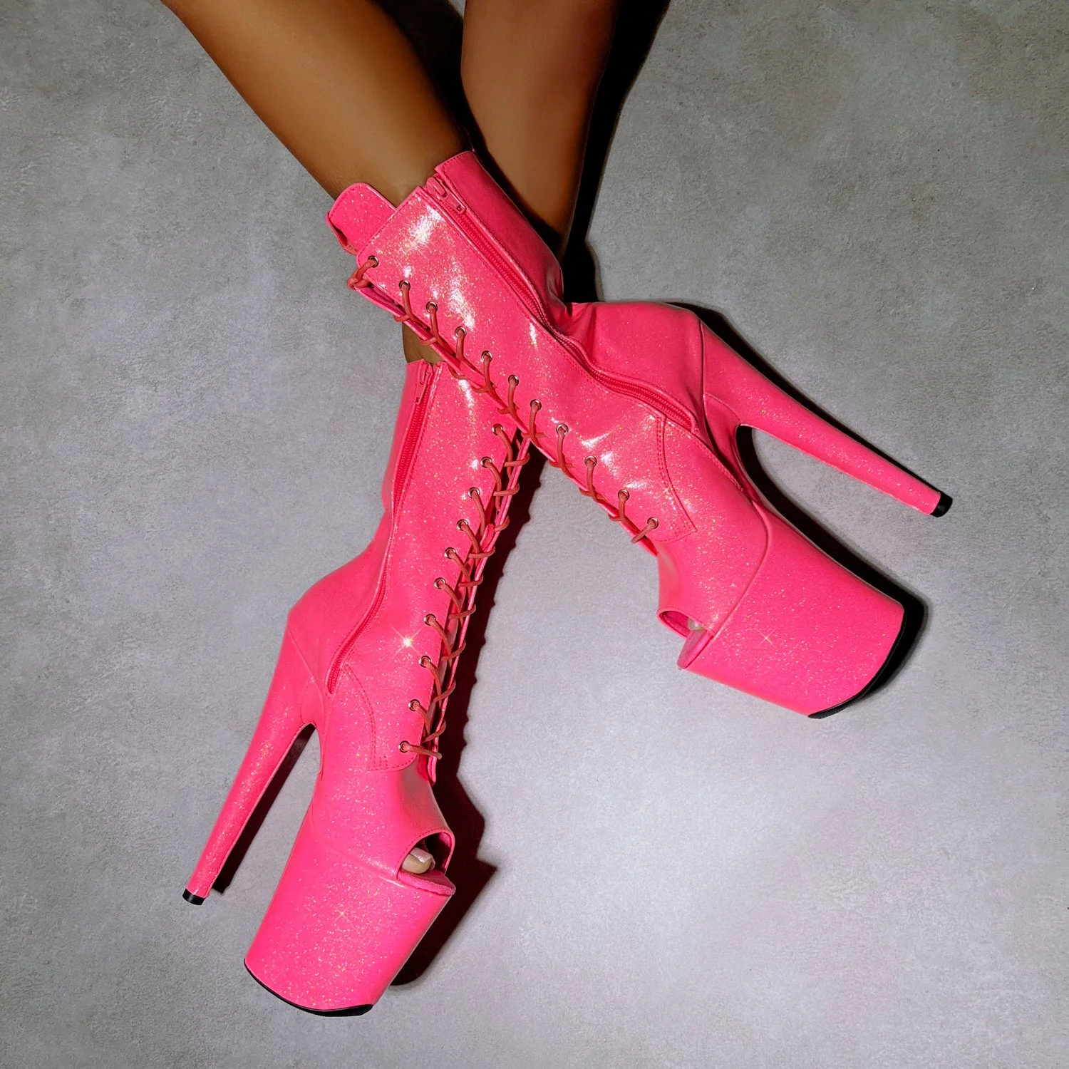 The Glitterati Boot Open Toe - Juicy Pink Burst - 8 INCH - Image 3