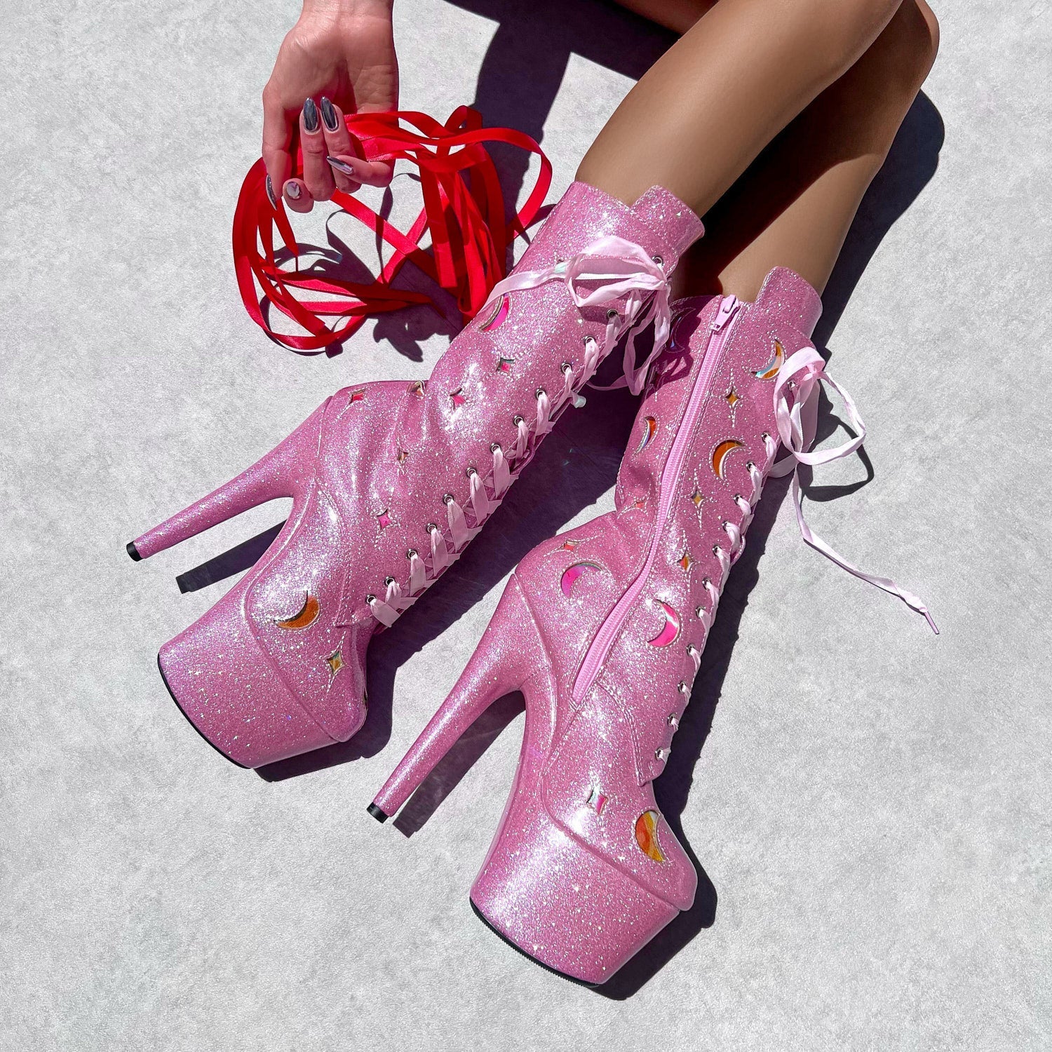 The Glitterati Cosmic Wide Fit Boot - Pink Sparkle - 7INCH - Image 2