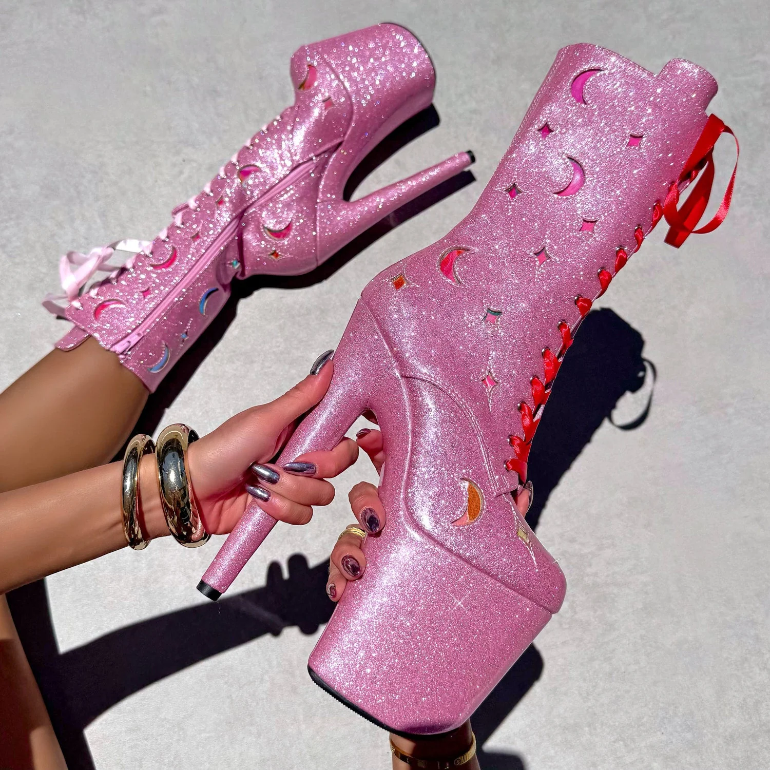 The Glitterati Cosmic Wide Fit Boot - Pink Sparkle - 8INCH - Image 3