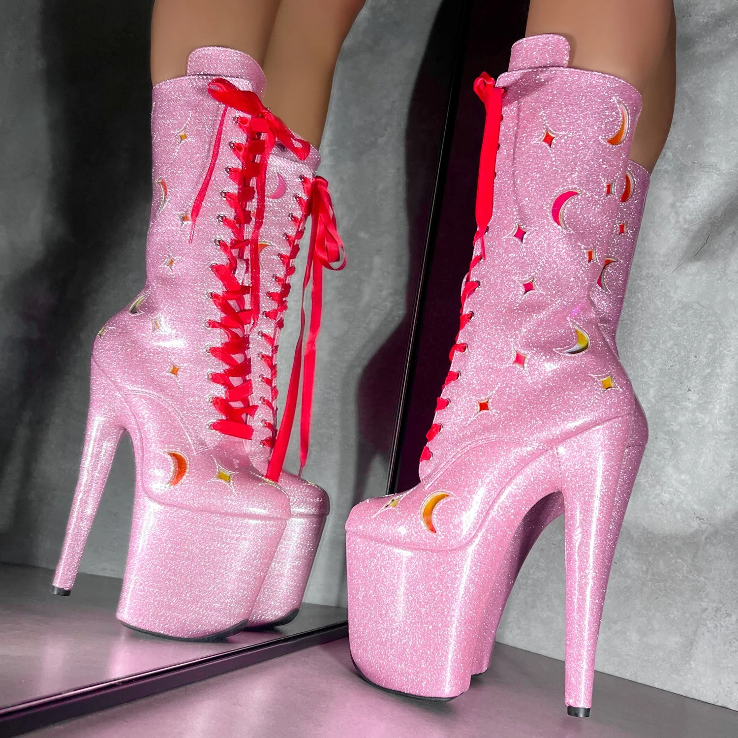 The Glitterati Cosmic Wide Fit Boot - Pink Sparkle - 8INCH - Image 6