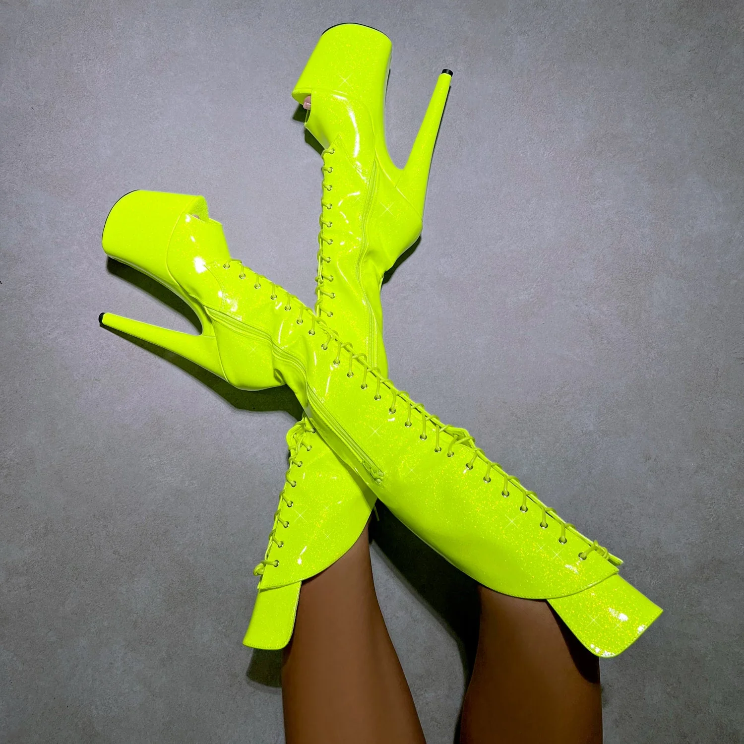 The Glitterati - Citrus Yellow Burst Over Knee Open Toe Boot - 8INCH - Image 2