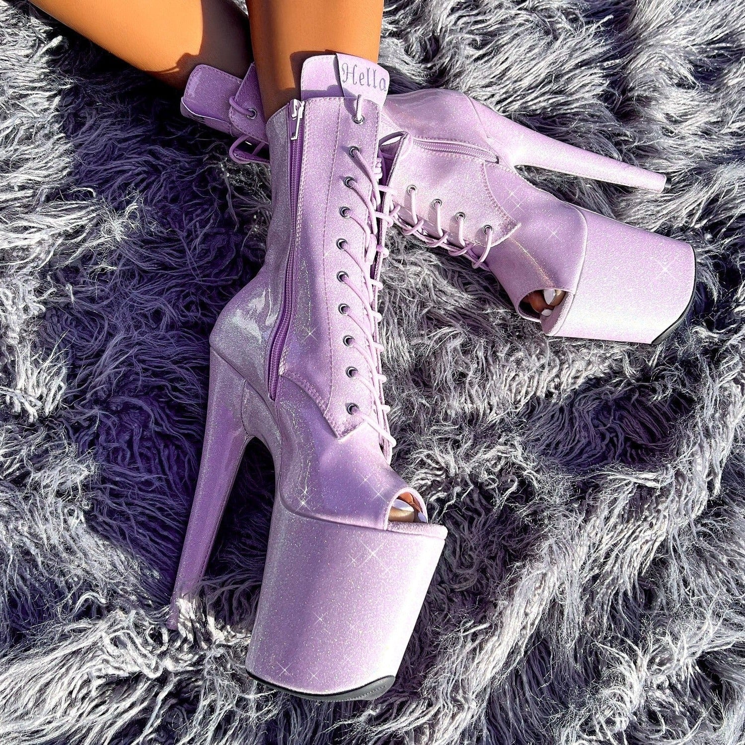 The Glitterati Open Toe Boot - Lilac Lovers - 8 INCH