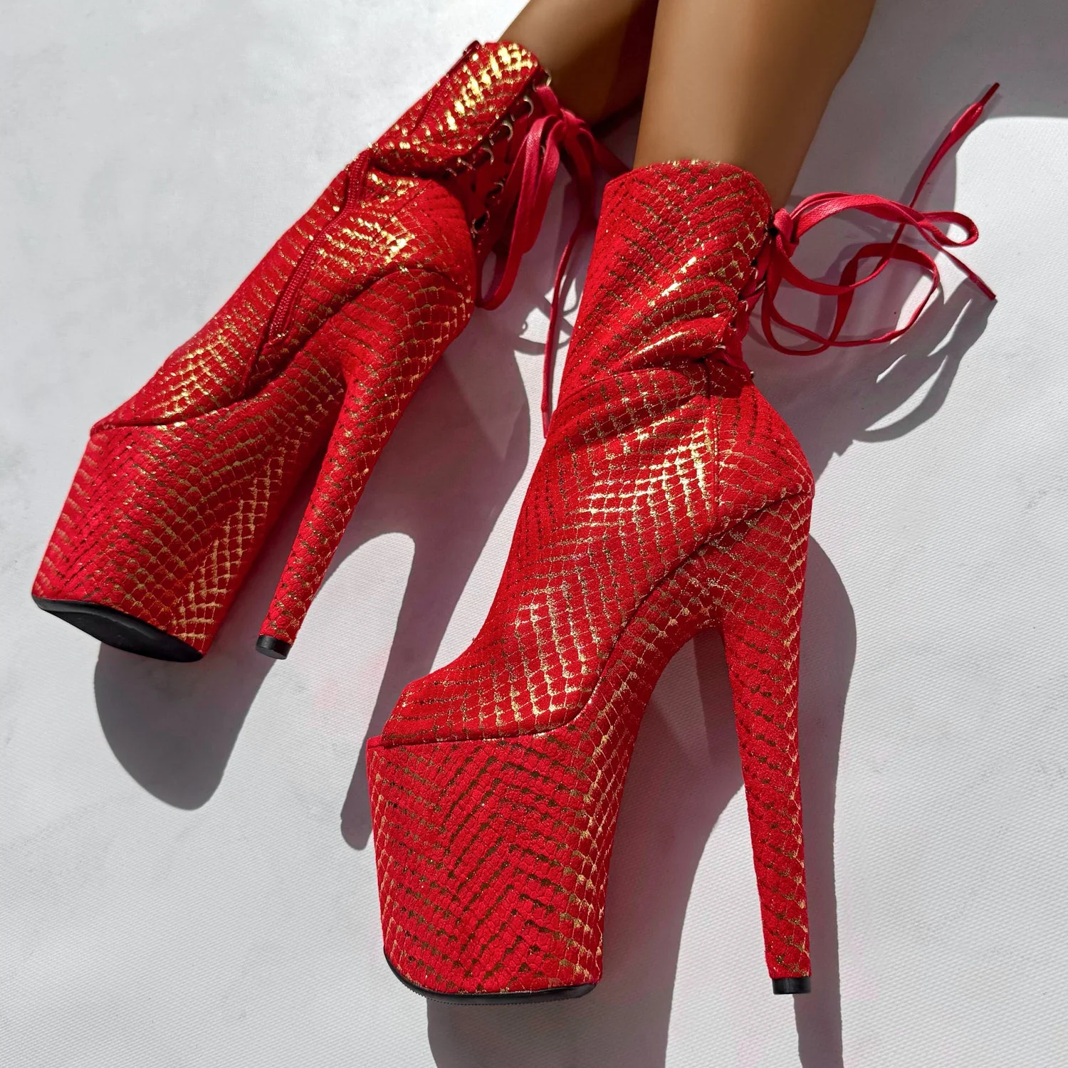 Khaleesi Open Toe Corset Boot - Red & Gold - 8INCH - Image 3