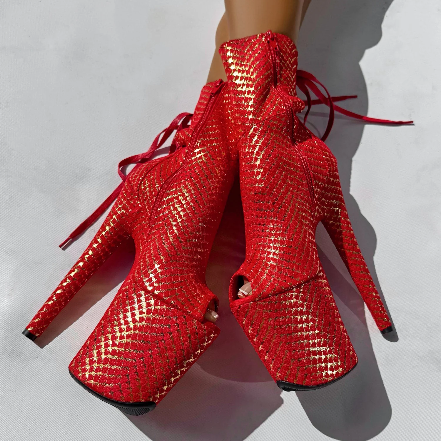 Khaleesi Open Toe Corset Boot - Red & Gold - 8INCH - Image 4