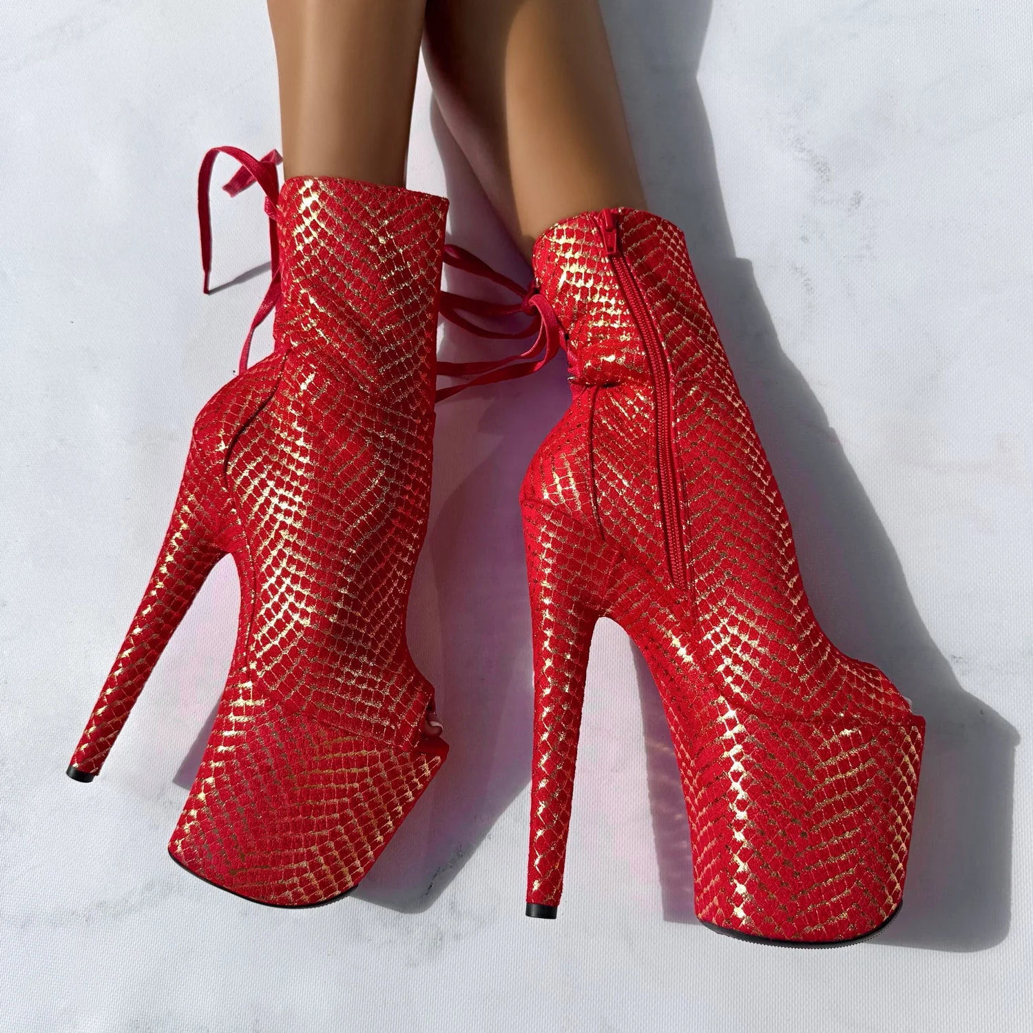 Khaleesi Open Toe Corset Boot - Red & Gold - 8INCH - Image 5