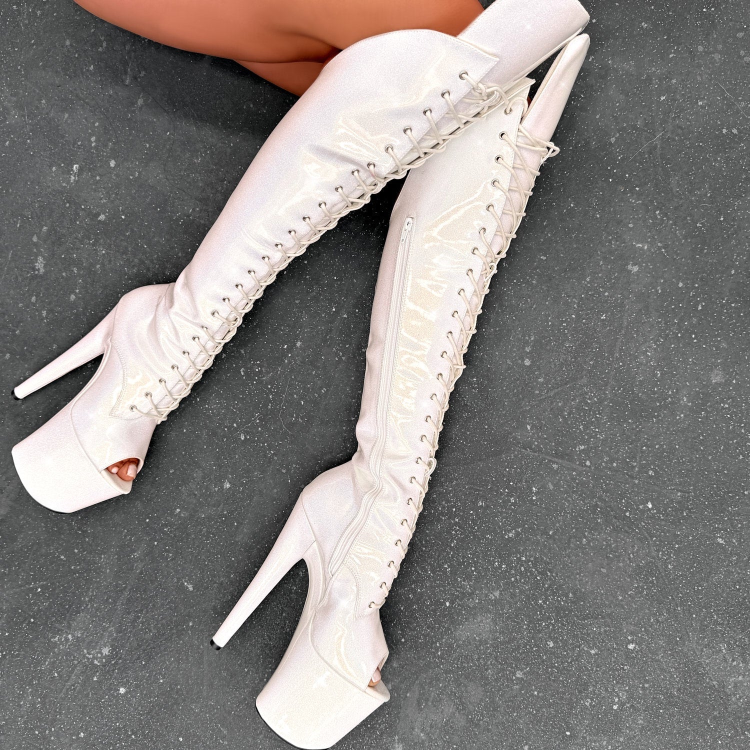 The Glitterati - Snow Kween Over Knee Open Toe Boot - 8INCH - Image 4