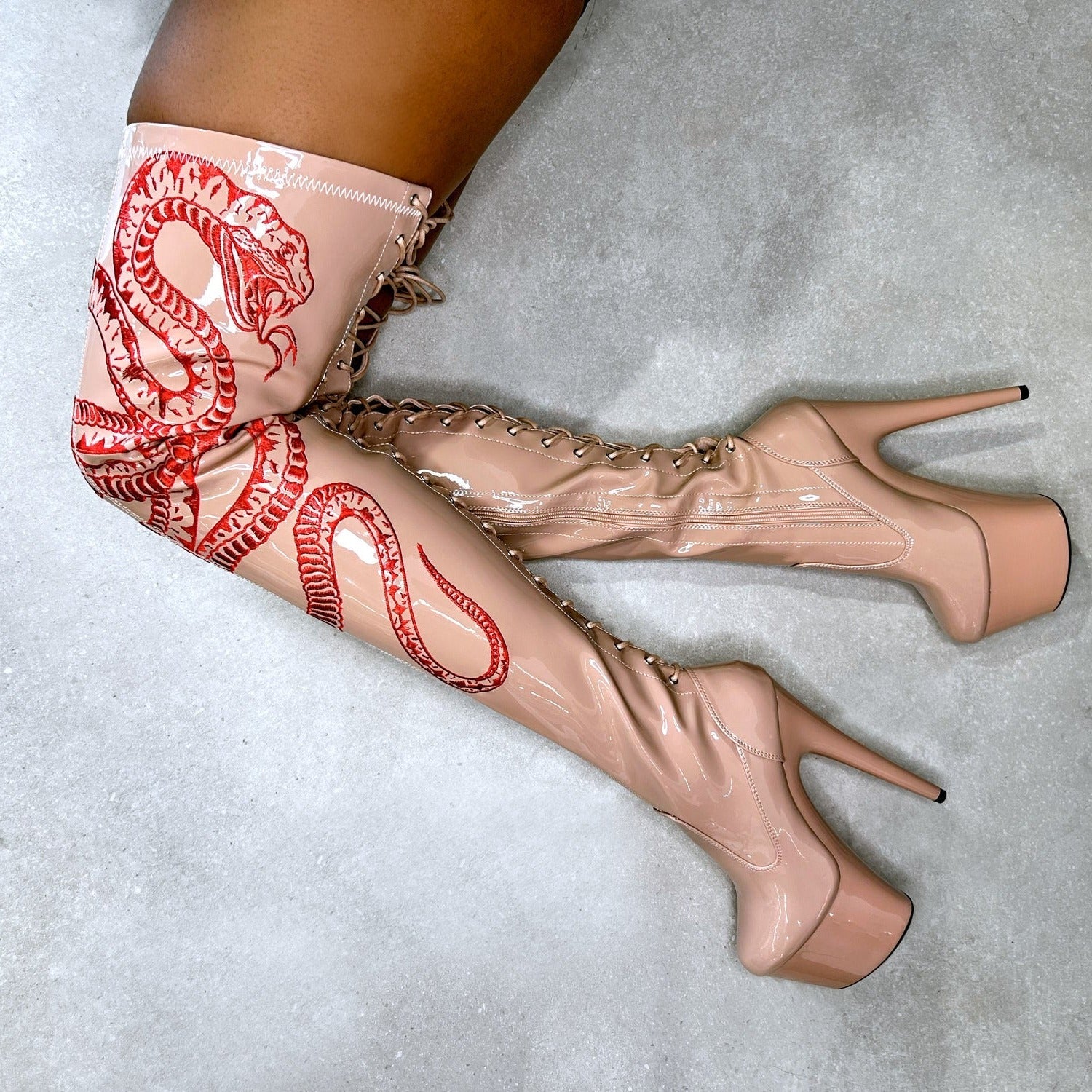 VIPER Boot Tan with Red Thigh High - 7INCH - Image 2