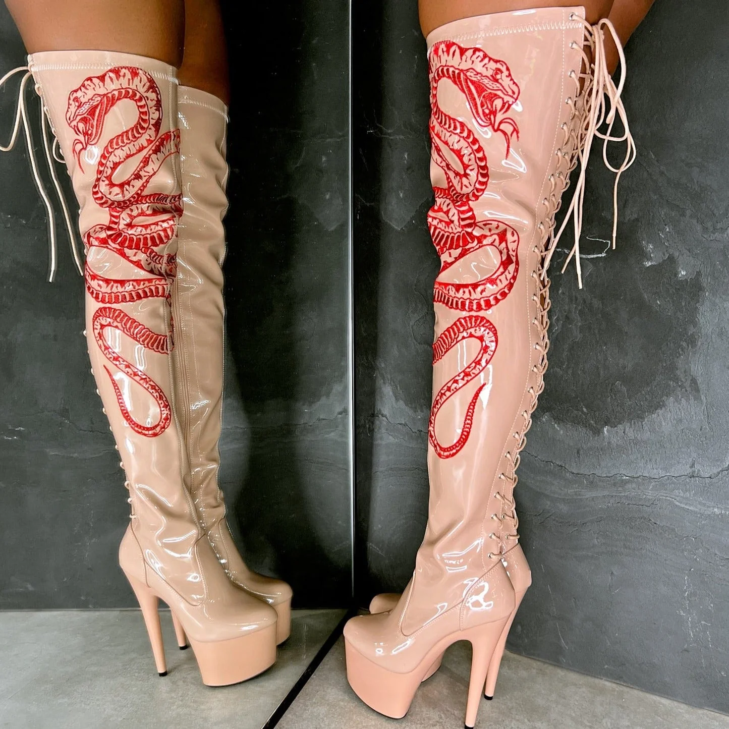 VIPER Boot Tan with Red Thigh High - 7INCH - Image 3