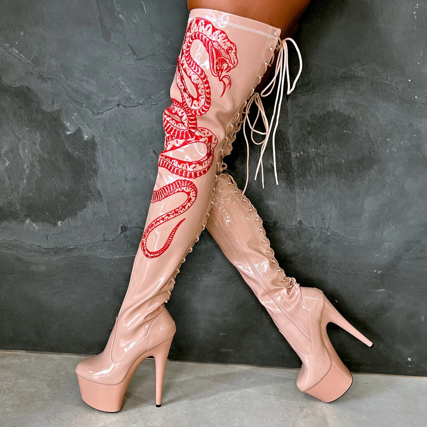 VIPER Boot Tan with Red Thigh High - 7INCH - Image 4
