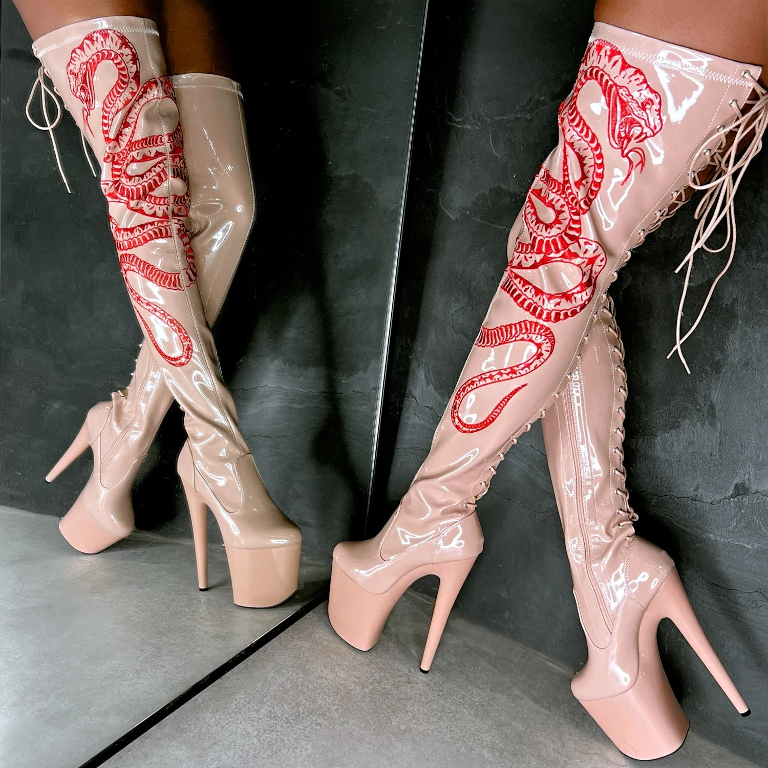 VIPER Boot Tan with Red Thigh High - 8INCH - Image 3