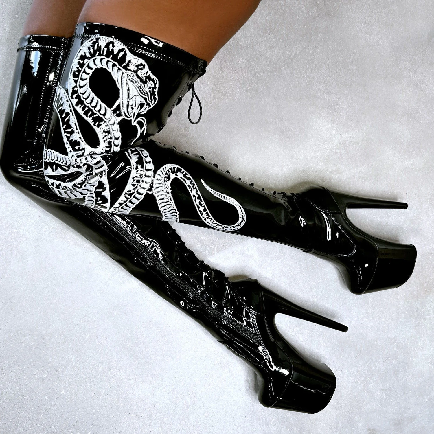 Viper Boot Black with White Thigh High - 8INCH